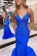 BMbride Gorgeous Royal Blue Long Mermaid Spaghetti Straps V-neck Prom Dress BMbride
