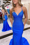 BMbride Gorgeous Royal Blue Long Mermaid Spaghetti Straps V-neck Prom Dress BMbride