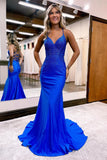 BMbride Gorgeous Royal Blue Long Mermaid Spaghetti Straps V-neck Prom Dress BMbride