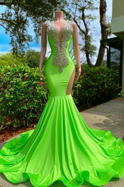 BMbride Gorgeous Sequined V-neck Sleeveless Stretch Satin Mermaid Prom Dress with Appliques BMbride