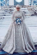 Gorgeous Sequins Bridal Gown Long Sleeves Highneck Sweep Train BM bride