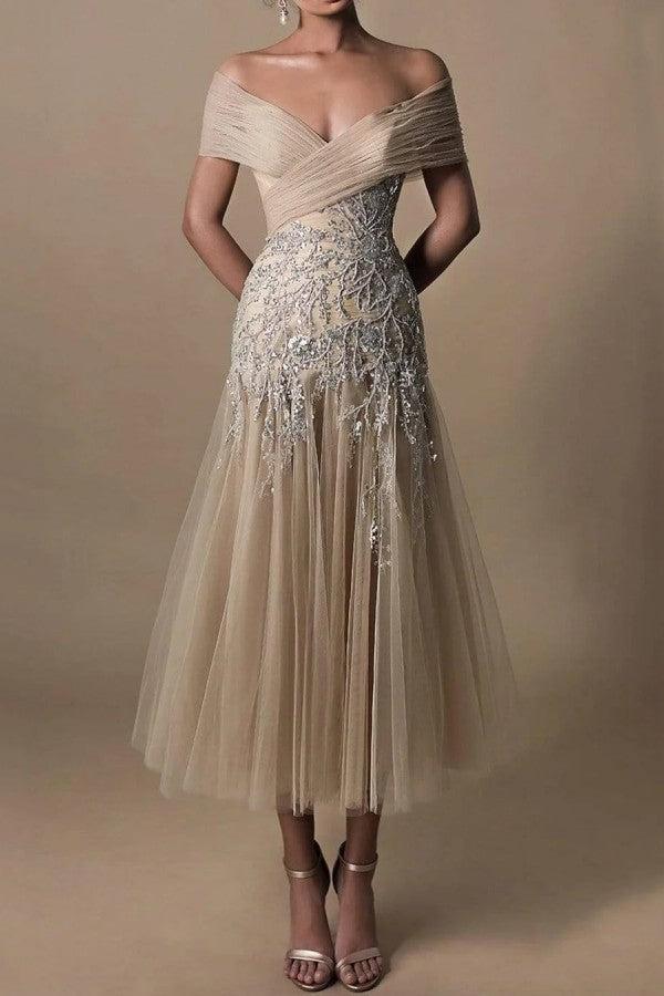BMbride Gorgeous Short A-line Off-the-shoulder Beading Wedding Dresses With Lace BMbride