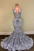 BMbride Gorgeous Silver Spaghetti Straps V-neck Appliques Lace Mermaid Prom Dresses BMbride