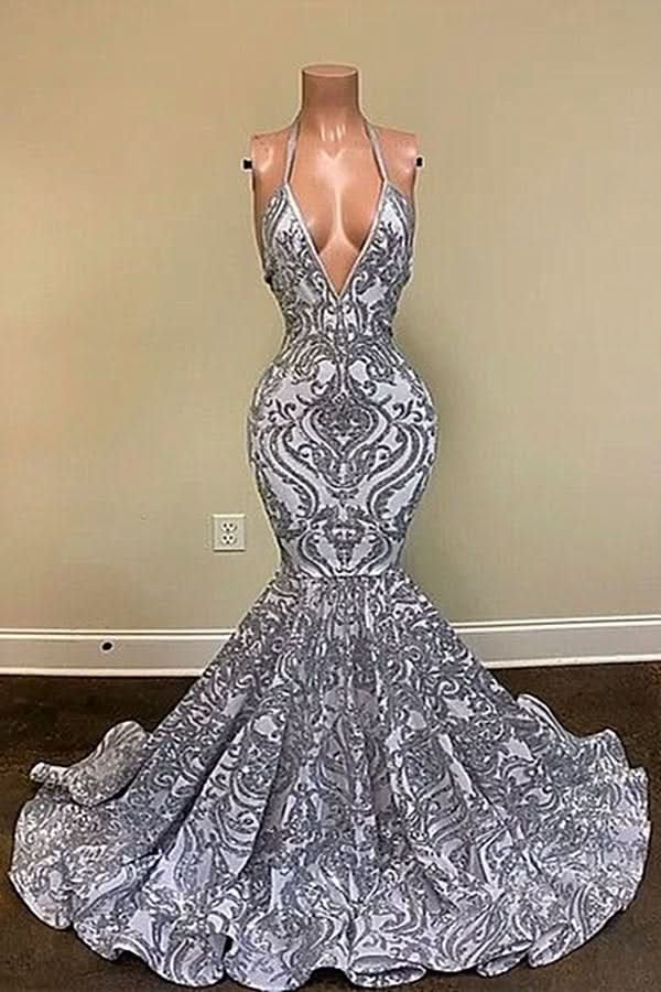BMbride Gorgeous Silver Spaghetti Straps V-neck Appliques Lace Mermaid Prom Dresses BMbride