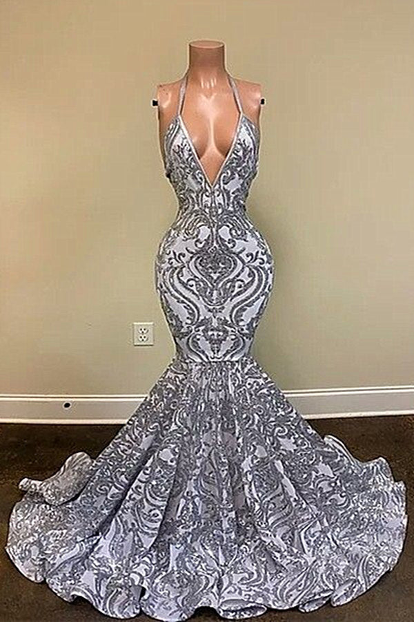 BMbride Gorgeous Silver Spaghetti Straps V-neck Appliques Lace Mermaid Prom Dresses BMbride