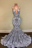 BMbride Gorgeous Silver Spaghetti Straps V-neck Appliques Lace Mermaid Prom Dresses BMbride