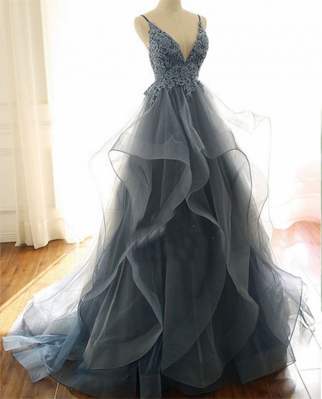 BMbride Gorgeous V Neck Spaghetti Straps Dark Blue Prom Dress With Ruffles BMbride