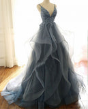 BMbride Gorgeous V Neck Spaghetti Straps Dark Blue Prom Dress With Ruffles BMbride