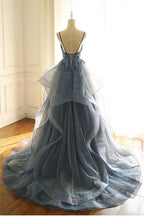 BMbride Gorgeous V Neck Spaghetti Straps Dark Blue Prom Dress With Ruffles BMbride
