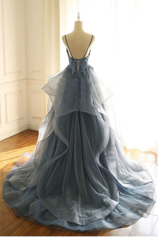 BMbride Gorgeous V Neck Spaghetti Straps Dark Blue Prom Dress With Ruffles BMbride