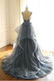 BMbride Gorgeous V Neck Spaghetti Straps Dark Blue Prom Dress With Ruffles BMbride
