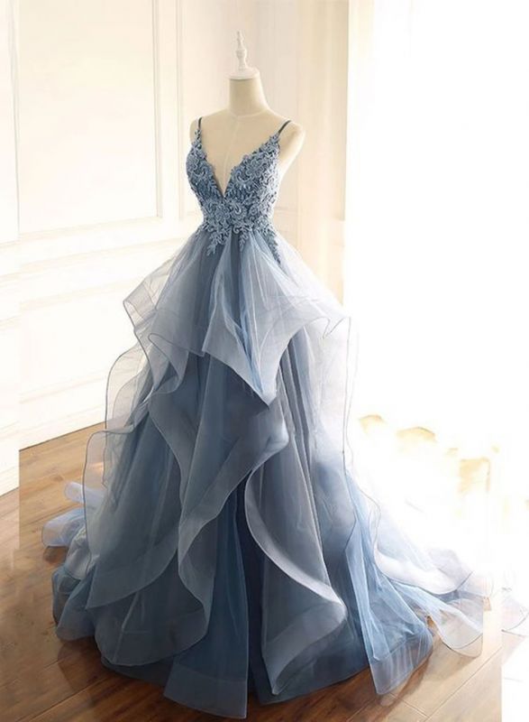 BMbride Gorgeous V Neck Spaghetti Straps Dark Blue Prom Dress With Ruffles BMbride