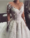 BMbride Gorgeous White 3D Floral Lace Wedding Dress Jewel Neck Tulle Aline Bridal Dress with Long Sleeves BMbride