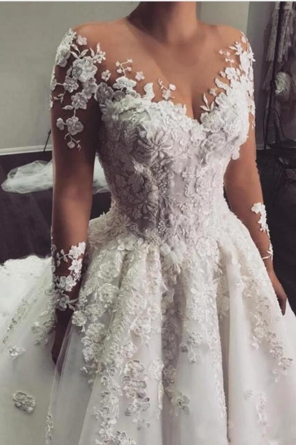BMbride Gorgeous White 3D Floral Lace Wedding Dress Jewel Neck Tulle Aline Bridal Dress with Long Sleeves BMbride