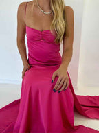 Yellow A Line Spaghetti Straps Silk Long Prom Dress with Slit