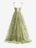 Lovely Green A-Line Butterfly Lace Lilac Corset Prom Dress with Slit BM bride