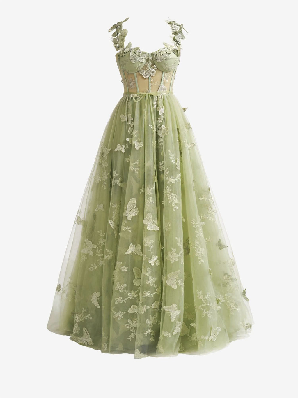 Lovely Green A-Line Butterfly Lace Lilac Corset Prom Dress with Slit BM bride