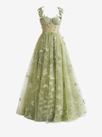 Lovely Green A-Line Butterfly Lace Lilac Corset Prom Dress with Slit BM bride