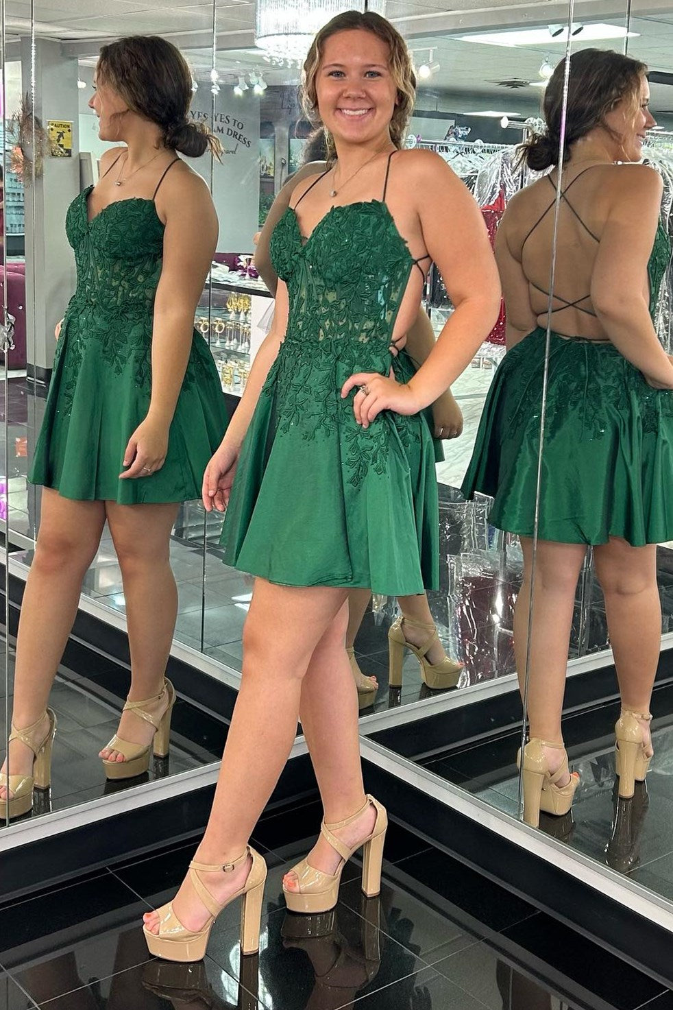Romantic Sweetheart Lace-Up A-Line Short Party Dress with Delicate Green Appliques BM bride