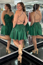 Romantic Sweetheart Lace-Up A-Line Short Party Dress with Delicate Green Appliques BM bride