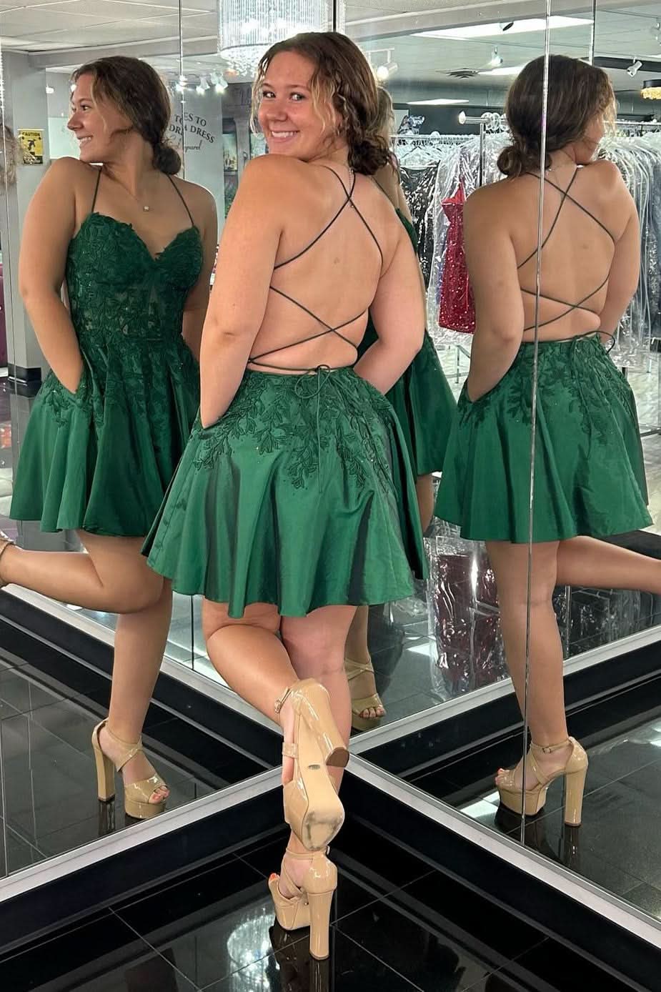 Romantic Sweetheart Lace-Up A-Line Short Party Dress with Delicate Green Appliques BM bride