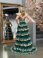 Elegant Green Princess A-Line Off-the-Shoulder Corset Prom Dress with Lace Ruffles BM bride