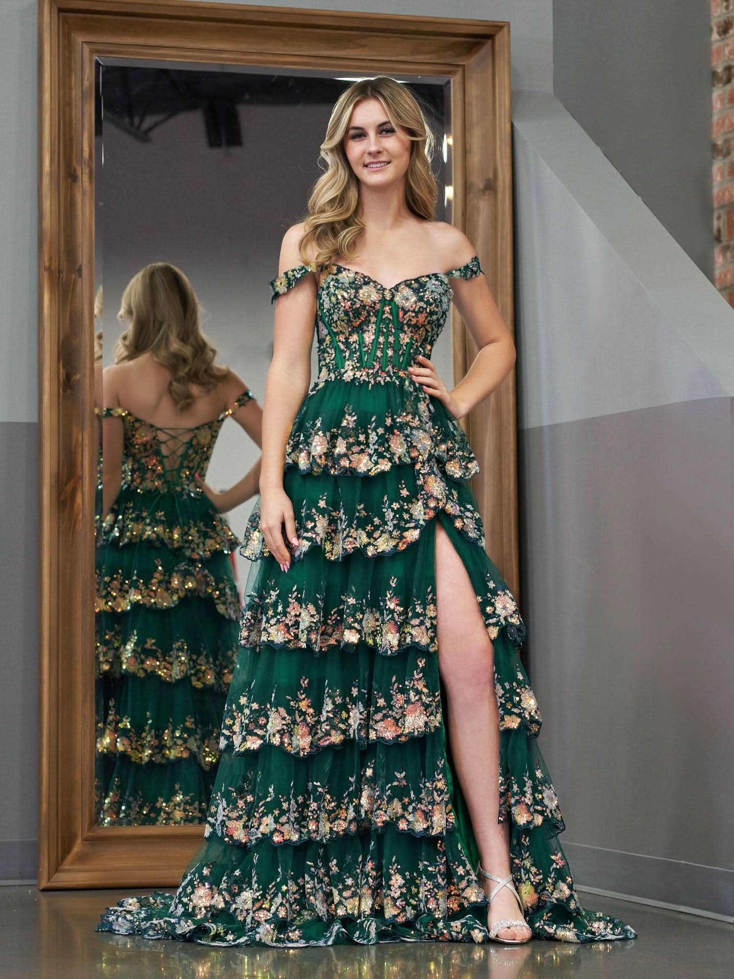 Elegant Green Princess A-Line Off-the-Shoulder Corset Prom Dress with Lace Ruffles BM bride