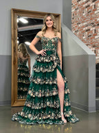 Elegant Green Princess A-Line Off-the-Shoulder Corset Prom Dress with Lace Ruffles BM bride