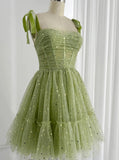 Gorgeous Green Tulle Sequins Spaghetti Straps Pleated Homecoming Dress BM bride