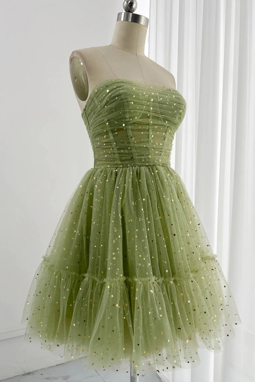 Gorgeous Green Tulle Sequins Spaghetti Straps Pleated Homecoming Dress BM bride