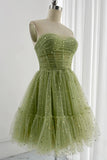 Gorgeous Green Tulle Sequins Spaghetti Straps Pleated Homecoming Dress BM bride