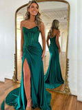 Green Mermaid Strapless Corset Beaded Prom Dress with Slit