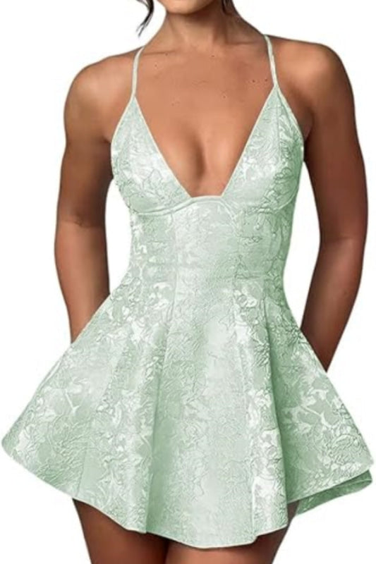 Halter Satin Mini Homecoming Dress with Ruffled Floral Jacquard, Perfect for Parties BM bride