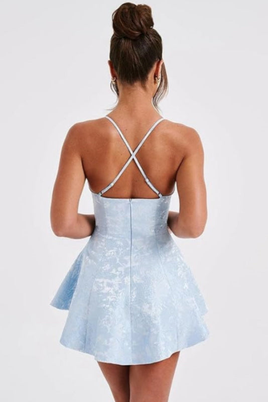 Halter Satin Mini Homecoming Dress with Ruffled Floral Jacquard, Perfect for Parties BM bride