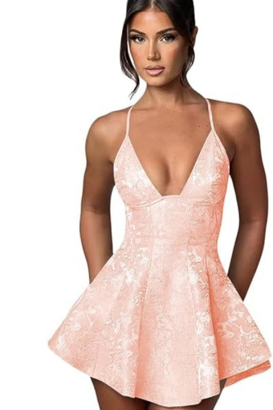 Halter Satin Mini Homecoming Dress with Ruffled Floral Jacquard, Perfect for Parties BM bride