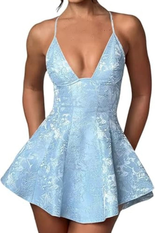Halter Satin Mini Homecoming Dress with Ruffled Floral Jacquard, Perfect for Parties BM bride