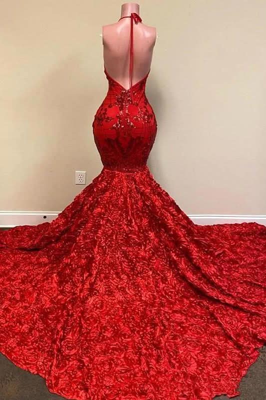 BMbride Halter Spaghetti Strapes Glitter Floral Lace Mermaid Prom Dress BMbride