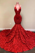 BMbride Halter Spaghetti Strapes Glitter Floral Lace Mermaid Prom Dress BMbride