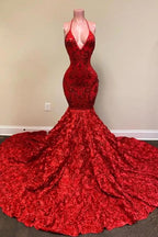 BMbride Halter Spaghetti Strapes Glitter Floral Lace Mermaid Prom Dress BMbride