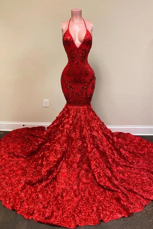 BMbride Halter Spaghetti Strapes Glitter Floral Lace Mermaid Prom Dress BMbride