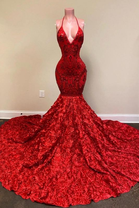 BMbride Halter Spaghetti Strapes Glitter Floral Lace Mermaid Prom Dress BMbride