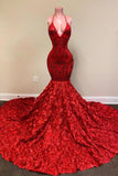 BMbride Halter Spaghetti Strapes Glitter Floral Lace Mermaid Prom Dress BMbride