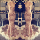 BMbride Halter V-neck Sequined Appliques Prom Dress with Feather BMbride