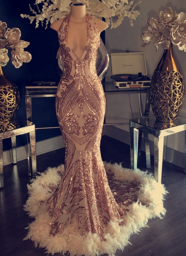 BMbride Halter V-neck Sequined Appliques Prom Dress with Feather BMbride