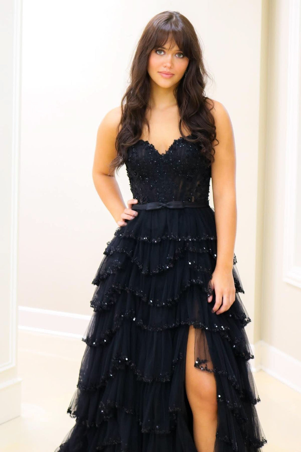 Gorgeous White Straps Floral Sequined Multi-Layers Long Prom Dress with Slit BM bride