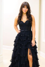 Gorgeous White Straps Floral Sequined Multi-Layers Long Prom Dress with Slit BM bride