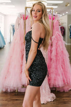 Bold Hot Pink Sequin Cold-Shoulder Lace-Up Short Party Dress BM bride