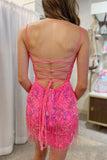 Trendy Hot Pink Sequin Lace-Up Short Homecoming Dress with Fun Fringes BM bride