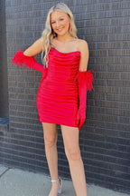 Hot Pink Strapless Ruched Short Cocktail Dress BM bride