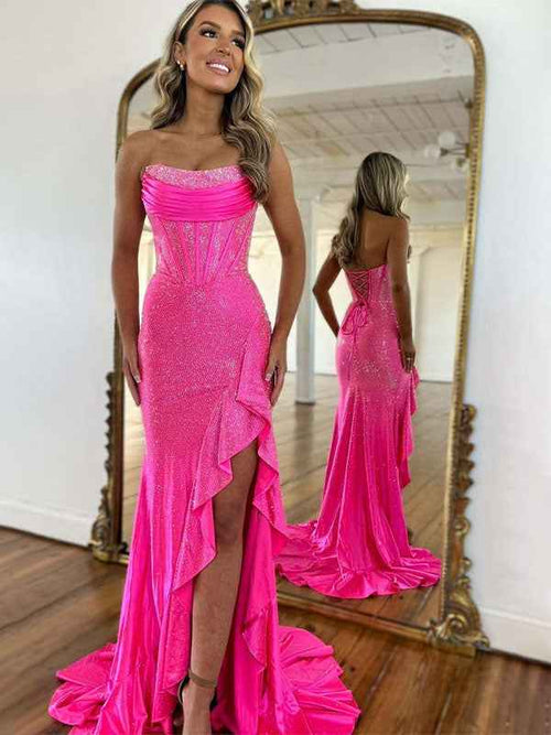 Hot Pink Mermaid Strapless Corset Bodice Long Prom Dress with Ruffle Slit BMBRIDE